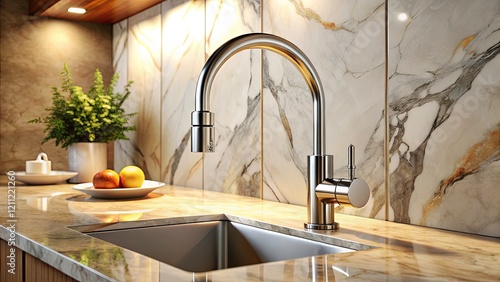 Sleek Modern Kitchen Faucet, Marble Countertop, Minimalist Sink Design - High-Resolution Photo