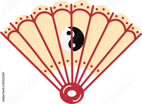 Chinese Hand Fan with Yin Yang Design Hand Drawn Vector Illustration