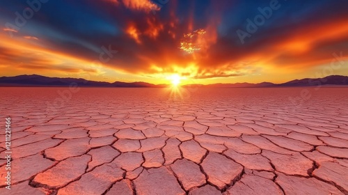 The landscape features dry, cracked earth illuminated by a stunning sunset, with deep colors and an expansive view of the horizon