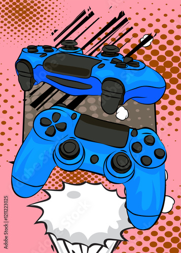 Cartoon Gaming controller, comic book Joystick. Retro vector comics pop art design.