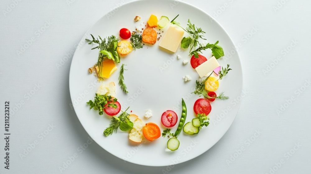 health conscious timepiece display, meticulously arranged produce, circular meal composition, pure white plate, seasonal vegetable variety, cheese and crouton accents, fresh herb garnishes, precise health conscious timepiece display, meticulously arranged produce, circular meal composition, pure white plate, seasonal vegetable variety, cheese and crouton accents, fresh herb garnishes, precise
