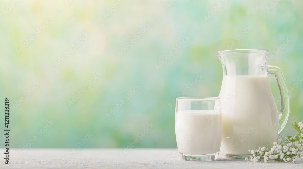 A glass pitcher filled with milk sits next to a glass of milk on a soft surface, creating a serene, inviting atmosphere A glass pitcher filled with milk sits next to a glass of milk on a soft surface, creating a serene, inviting atmosphere
