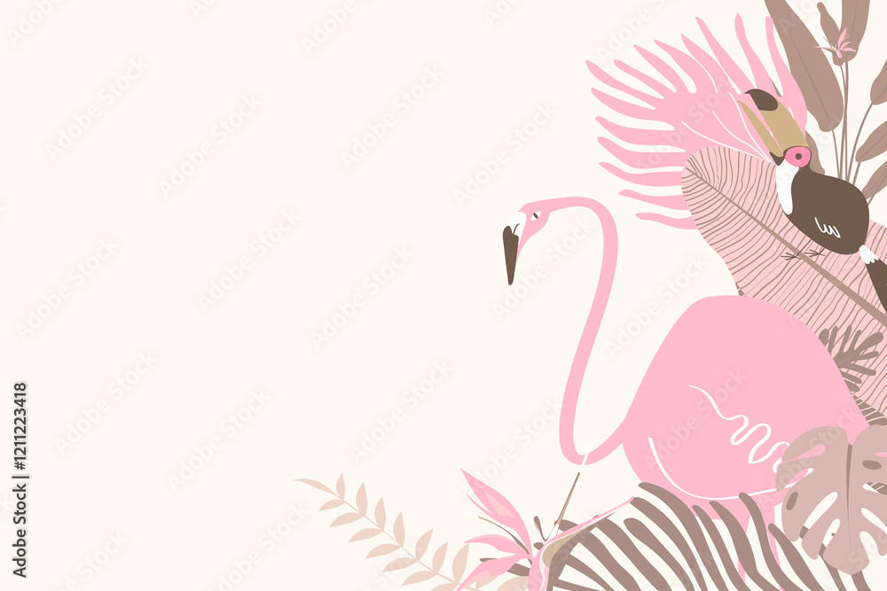 Pink botanical background with tropical leaves and flamingo and toucan birds Pink botanical background with tropical leaves and flamingo and toucan birds