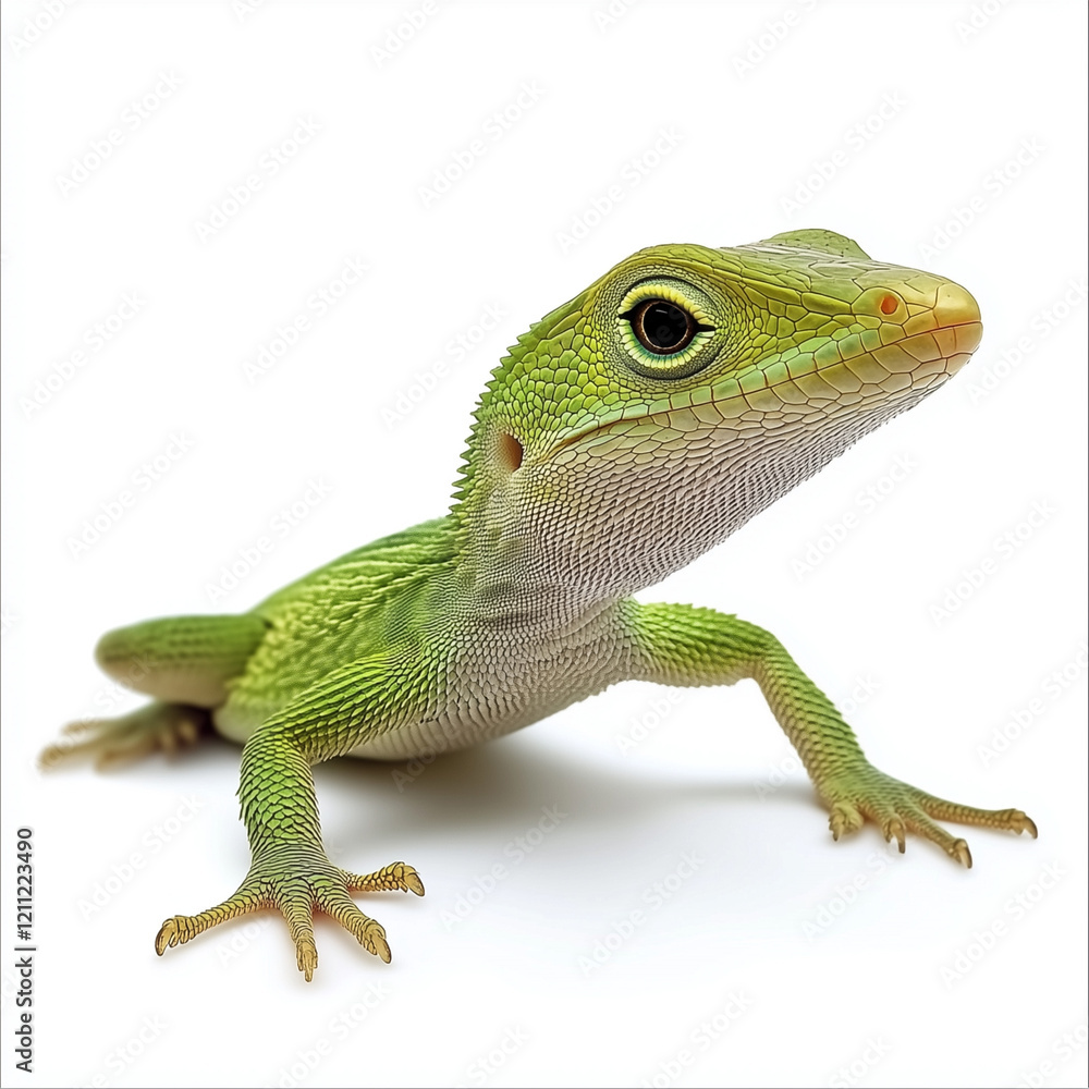 Fototapeta premium Green anole lizard on a white background with detailed skin texture
