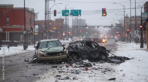 Damaged vehicles from a car crash obstruct the snowy urban street, with traffic lights visible in the background under cloudy skies photo