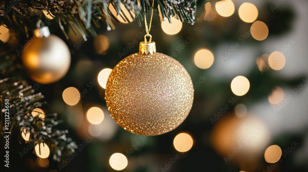 Shiny gold ornaments dangle from a lush Christmas tree, reflecting warm bokeh lights in a festive atmosphere Shiny gold ornaments dangle from a lush Christmas tree, reflecting warm bokeh lights in a festive atmosphere