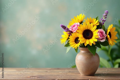 Wallpaper Mural Vibrant summer bouquet of sunflowers and roses in a rustic vase on a wooden surface against a blurred background Torontodigital.ca