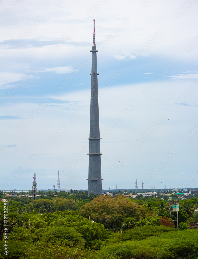 Obraz premium The tall Rameswaram TV Tower used for television broadcasting is situated in the town of Rameswaram, Tamil Nadu