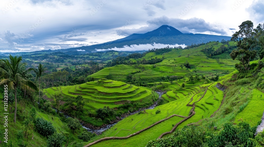 Fototapeta premium Lush Green Rice Terraces and Mountain