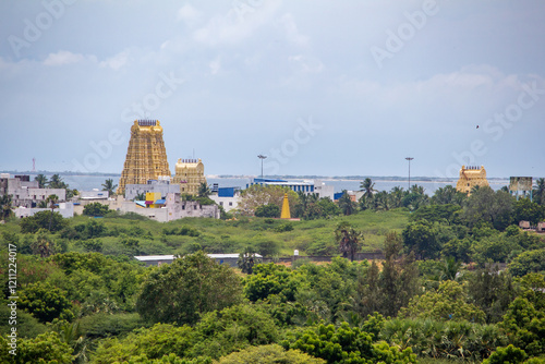 Aerial view of Ramanathaswamy Temple which is a Hindu temple dedicated to the god Shiva in Rameswaram, Tamil Nadu, India. Translation: Shiva Shiva in tamil language mean hindu god Shiva in English