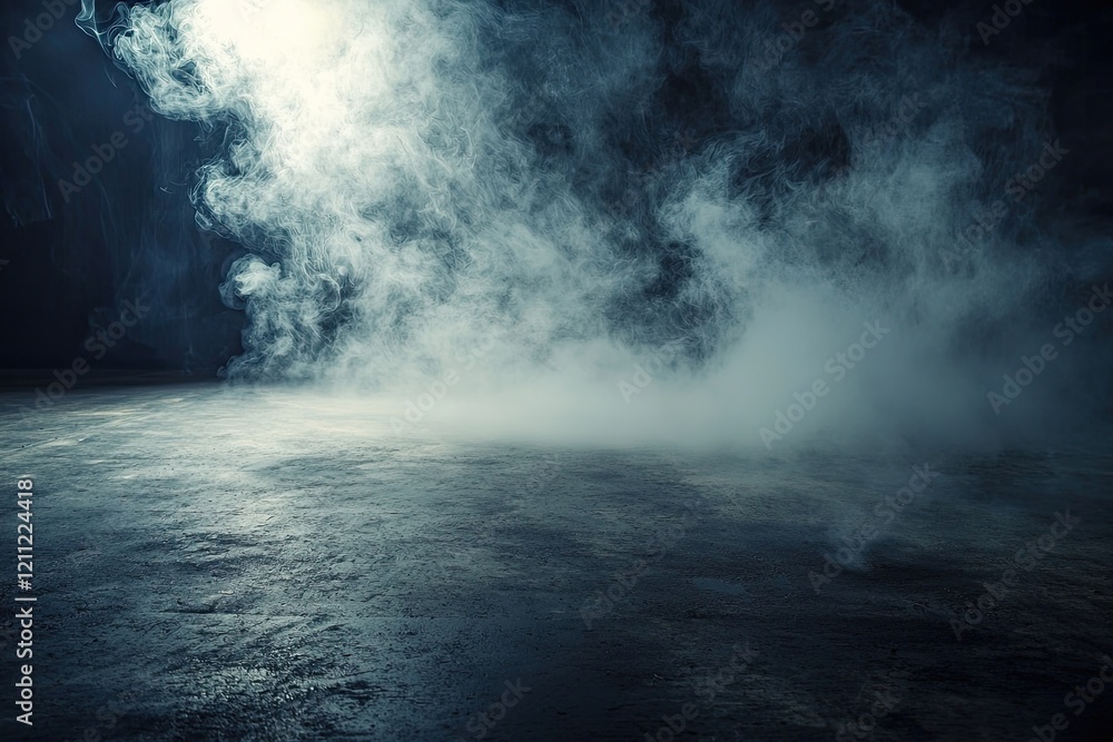 Obraz premium Dark room with a concrete floor and smoke in the background, for product presentation