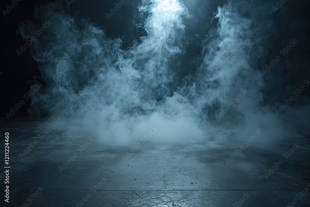 Dark room with a concrete floor and smoke in the background, for product presentation Dark room with a concrete floor and smoke in the background, for product presentation