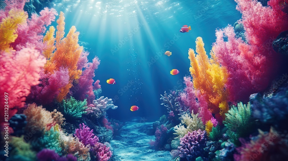 Fototapeta premium Underwater scene with coral reef and tropical fish, vibrant marine life 