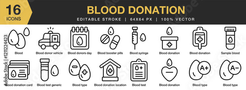 Blood Donation icon set. Editable Stroke Icon Collection. Includes Blood, Blood Donation, Charity, Donation, Donator, Donor, Volunteer, and More. Outline icons vector collection.