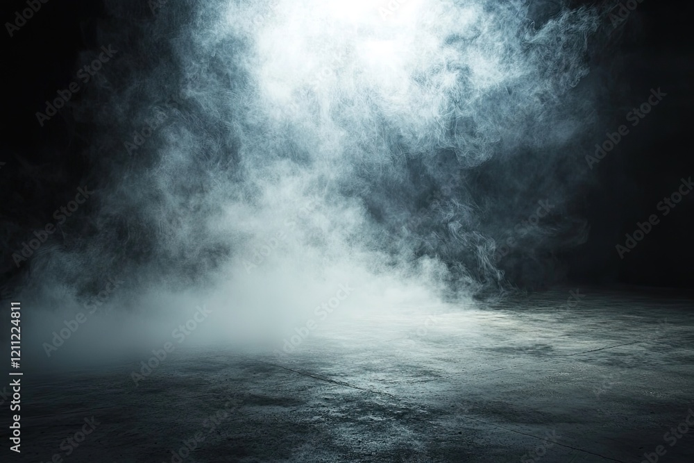 Dark room with a concrete floor and smoke in the background, for product presentation Dark room with a concrete floor and smoke in the background, for product presentation