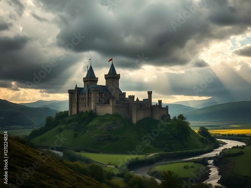 Un majestuoso castillo en una colina, rodeado de campos verdes, un río y un cielo dramático lleno de nubes. photo