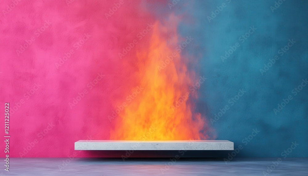 Holi powders spreading joy and celebrating diversity. Vibrant flames rise from a platform against a colorful pink and blue backdrop. Holi powders spreading joy and celebrating diversity. Vibrant flames rise from a platform against a colorful pink and blue backdrop.