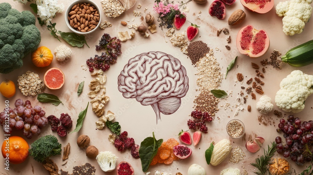 Fototapeta premium mental wellness food scene, organized circular composition, ethereal brain sketch centerpiece, wholesome ingredients display, fresh fruits and vegetables, brain-nourishing proteins, natural nuts and