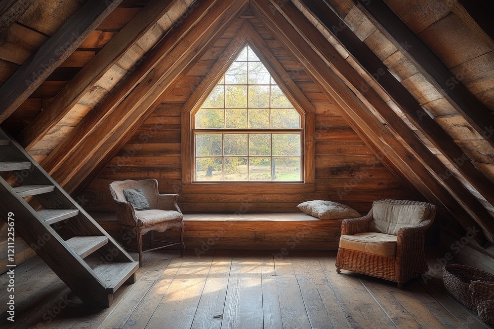 Rustic attic, wood beams, chairs, window, stairs. Rustic attic, wood beams, chairs, window, stairs.