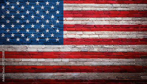 rustic brick wall painted with USA flag, showcasing urban style and patriotism