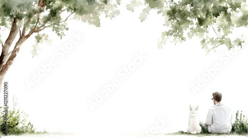 Serene moment: man and dog relaxing under a tree in watercolor art