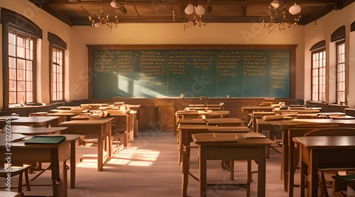 An old school classroom with wooden desks and chairs, sunlight streaming through tall, dusty windows, casting warm, golden light on the polished wooden floor