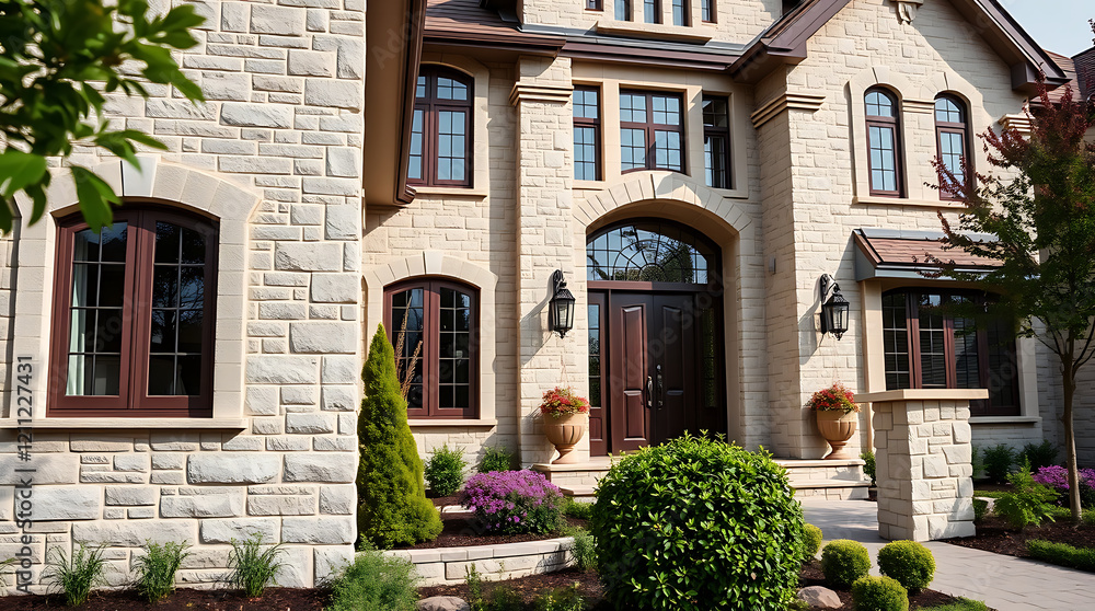 Naklejka premium Luxury Stone House Exterior: Modern Architecture, Elegant Design, Dream Home, Real Estate