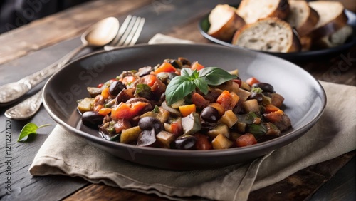 Savor the authentic taste of sicilian caponata a flavorful eggplant dish from sicily italy culinary delights rustic kitchen cultural heritage photo