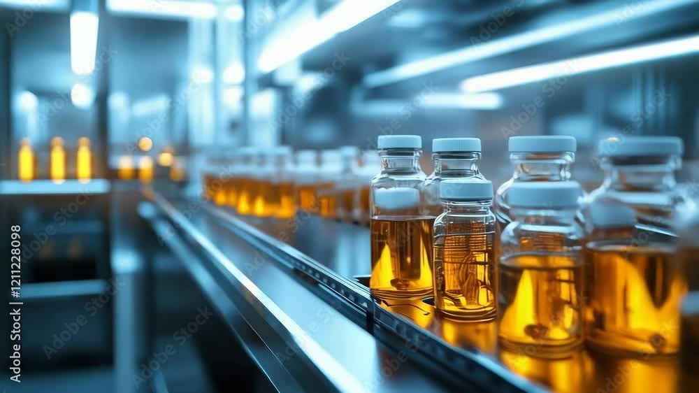 Automated pharmaceutical bottling line with amber liquid in highspeed precision process Automated pharmaceutical bottling line with amber liquid in highspeed precision process