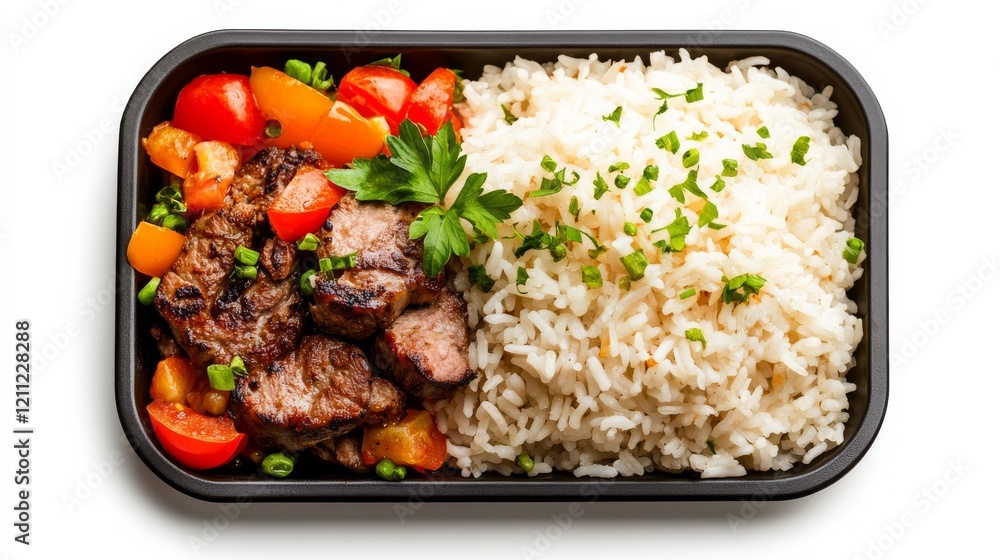 Hearty Beef and Rice Lunchbox: A delicious and healthy meal prep idea featuring grilled beef strips, vibrant bell peppers, and fluffy white rice, all neatly packed in a black rectangular container. Hearty Beef and Rice Lunchbox: A delicious and healthy meal prep idea featuring grilled beef strips, vibrant bell peppers, and fluffy white rice, all neatly packed in a black rectangular container.