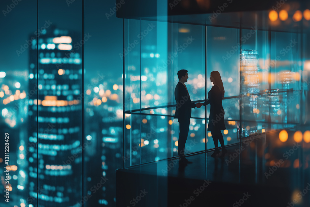 Blurred business people shaking hands in an office with a glass window and a city view. Blurred business people shaking hands in an office with a glass window and a city view.