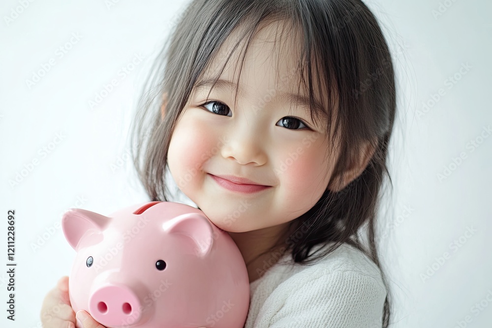 A happy little girl holding a piggy bank A happy little girl holding a piggy bank
