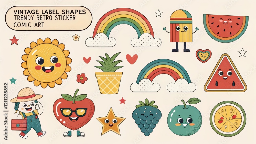 Fototapeta premium Delightful Retro Comic Art Stickers A Collection of Cute Vintage Label Shapes and Trendy Designs