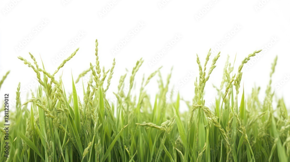 Fototapeta premium Close-up of vibrant green rice plants with grains developing against a white background.
