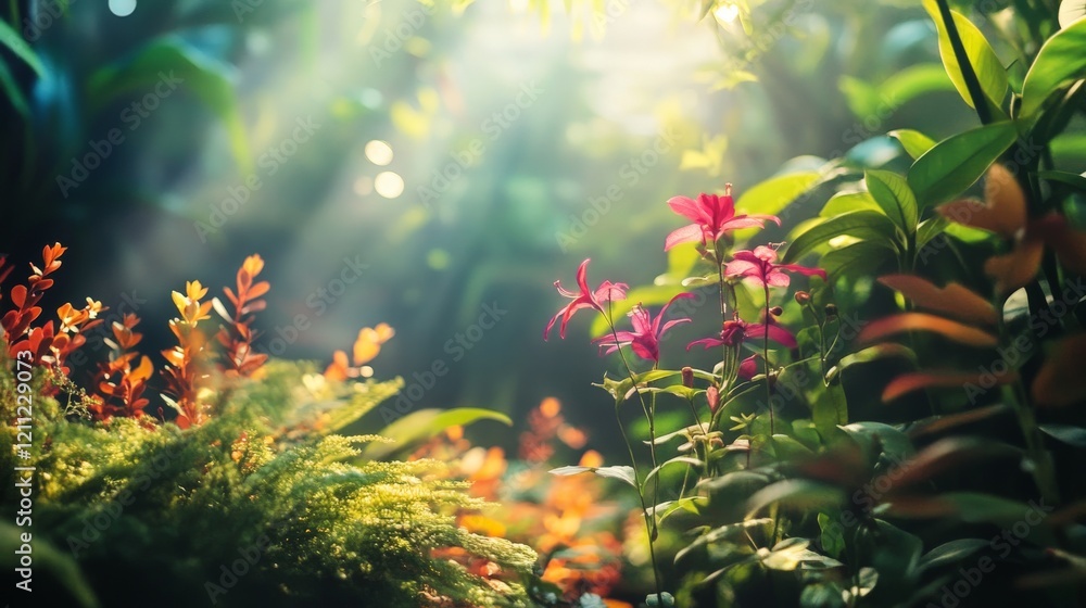 Naklejka premium Sunbeams shining through a lush forest with vibrant flowers