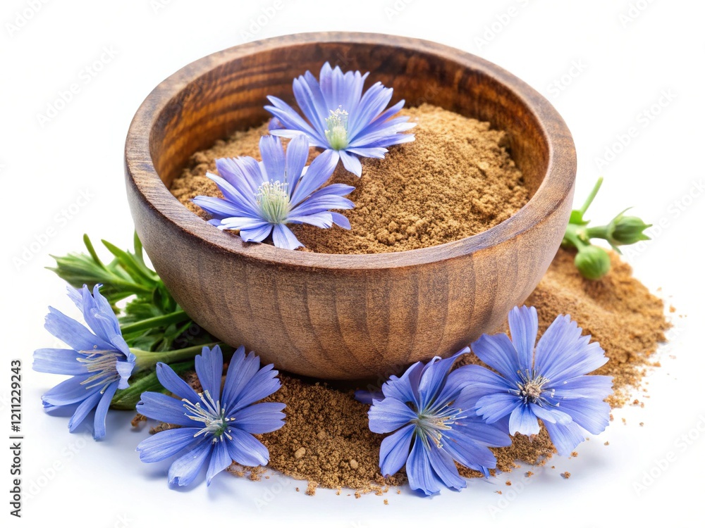 Chicory Powder & Flowers in Wooden Bowl - Isolated White Background - Cichorium Intybus Chicory Powder & Flowers in Wooden Bowl - Isolated White Background - Cichorium Intybus