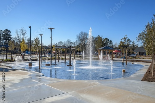 Scenic View of a Modern Public Splash Pad with Water Fountains Surrounded by Trees and Play Area in a Bright Blue Sky During Daytime
