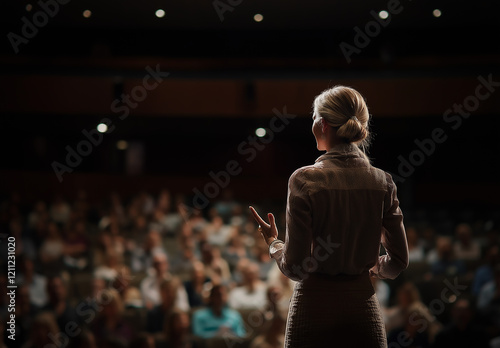 A female business leader is presenting her ideas to an audience in the conference hall