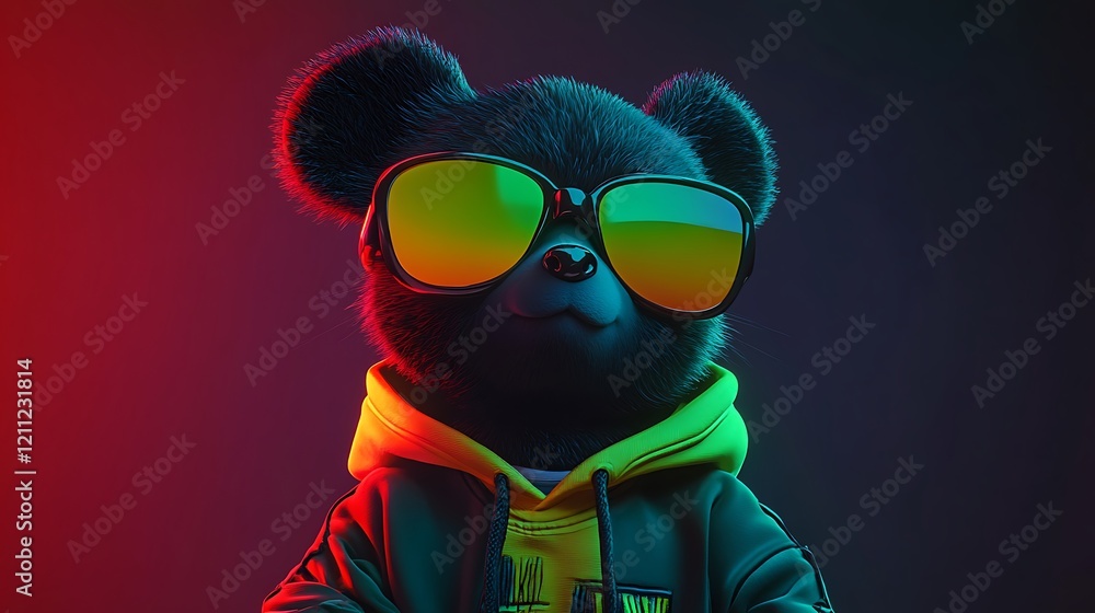 Fototapeta premium digital illustration featuring an anthropomorphic bear character with smooth dark fur texture and is wearing oversized, reflective yellow sunglasses that cover its eyes