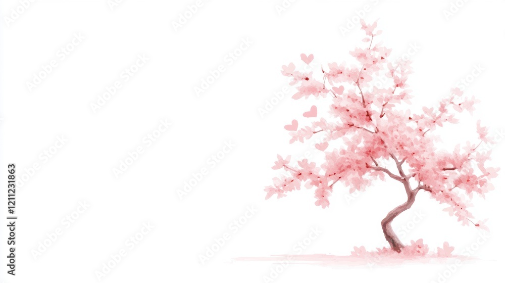 Fototapeta premium Delicate pink watercolor blossom tree with heart-shaped leaves on white background