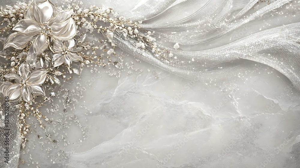 Elegant White Flowers and Sheer Fabric on Marble Elegant White Flowers and Sheer Fabric on Marble