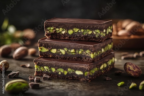 Indulge in this decadent Luxurious Pistachio Chocolate Slice A delectable artisanal creation featuring creamy layers of rich, vibrant pistachio and dark chocolate Experience the fine plating and photo