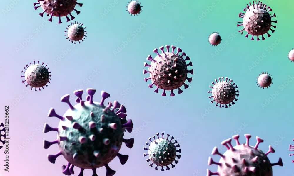 AI - Futuristic 3D Illustration of Virus Cells Under Microscope, showing glowing particles and biological structures.
