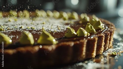 Indulge in this decadent Rich Pistachio Chocolate Tart a luxury dessert showcasing vibrant green and brown layers of creamy pistachio and rich chocolate ganache This elegant pastry features a photo