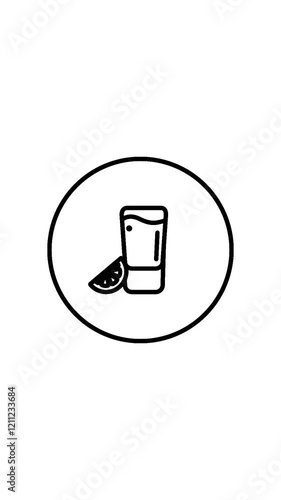 Tequila beverage and lemon black and white outline icon vector illustration in a circle, vertical video animation, self drawing.