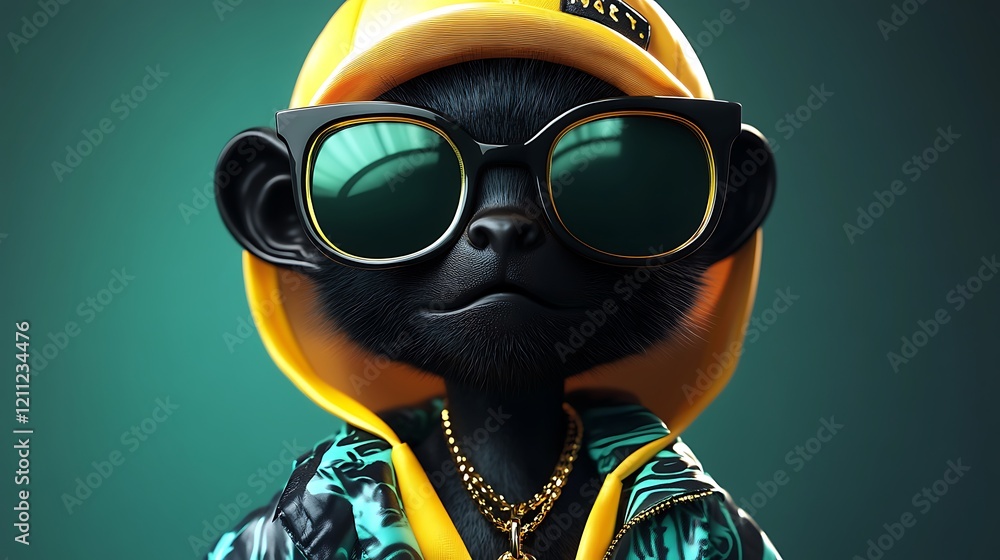 Fototapeta premium digital illustration featuring a stylized anthropomorphic monkey character, dark blue skin tone and is wearing oversized reflective sunglasses with a dark tint