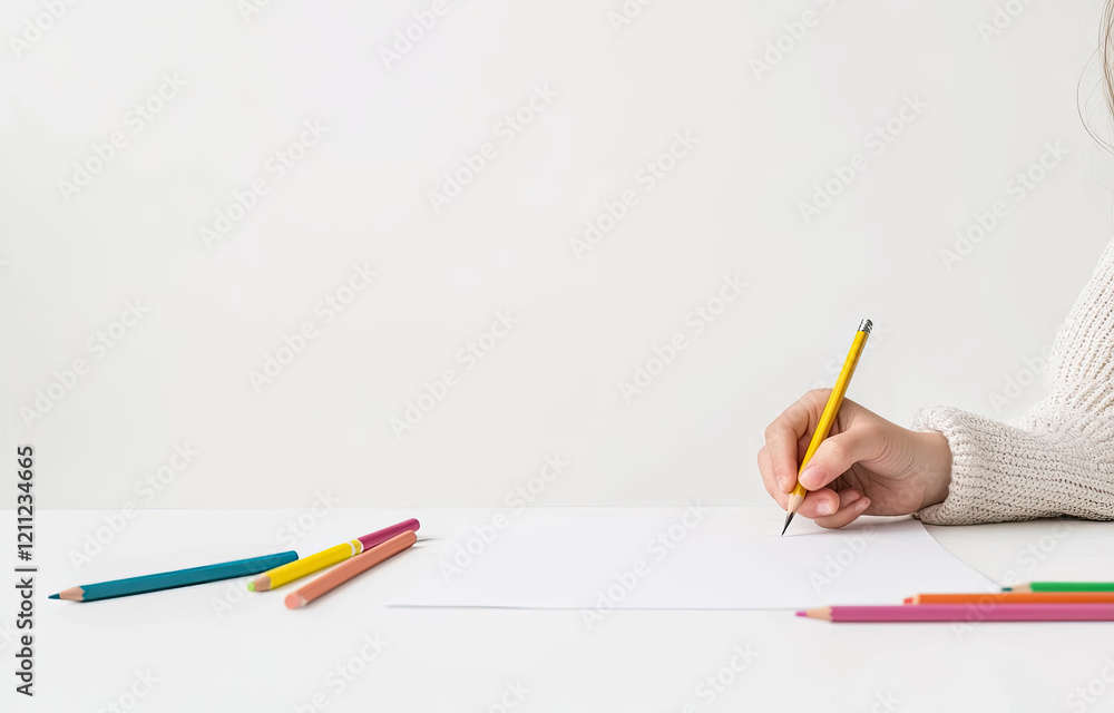 a little girl doing homework at the table, white background, simple and clean composition a little girl doing homework at the table, white background, simple and clean composition