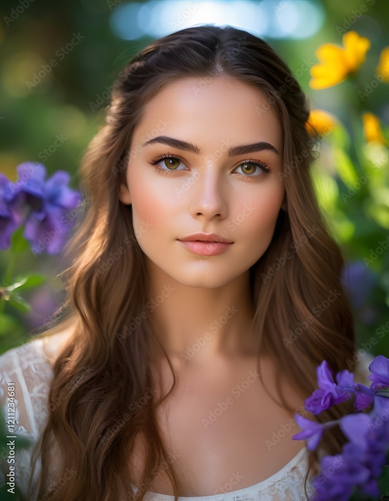 Graceful Elegance in Bloom: A Serene Portrait Amidst Vibrant Flowers Graceful Elegance in Bloom: A Serene Portrait Amidst Vibrant Flowers