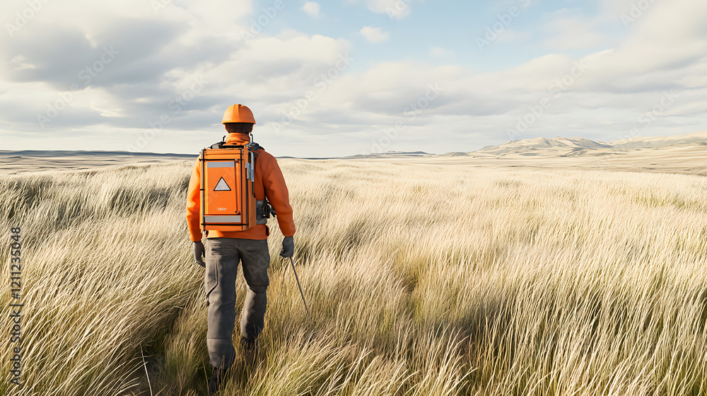 Explorer navigates expansive grasslands remote landscape digital art open air eye-level adventure concept Explorer navigates expansive grasslands remote landscape digital art open air eye-level adventure concept