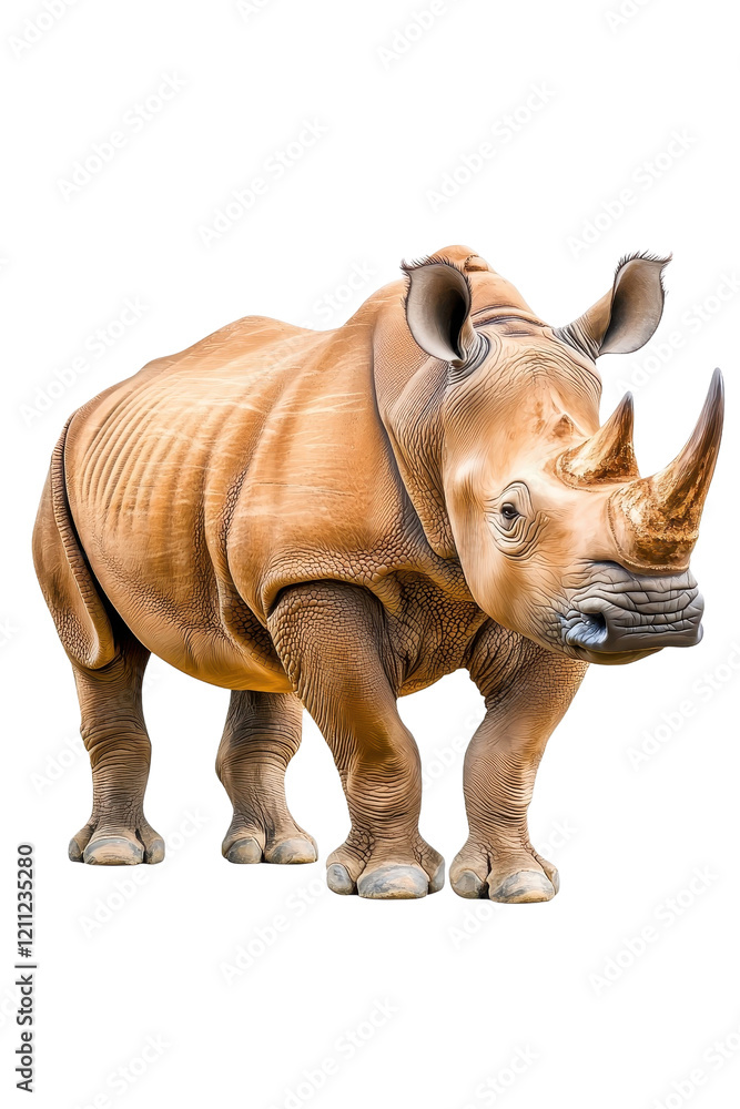Fototapeta premium A rhinoceros standing proudly, isolate on white background, highlighting its impressive size and unique features. cutout png